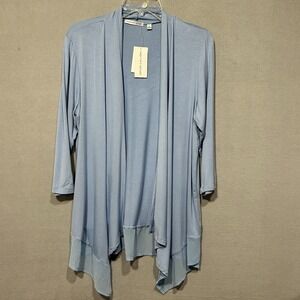 Notations Womens Blue Open Front Long Cardigan Sheer Trim Size Medium Classic